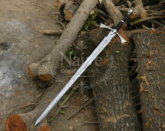 Handmade Two-Handed Fantasy Longsword - Detailed Silver Hilt and Patterned Blade