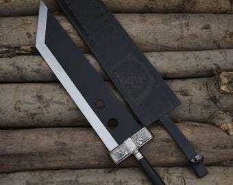 Handmade Buster Sword Replica - Iconic Cloud Strife Fantasy Greatsword - Heavy Duty Carbon Steel Anime Sword with Leather Sheath