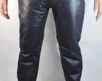 Men's Black Leather Trousers with Full-Length Zippers | Fetish Clubwear Pants with Back Zip