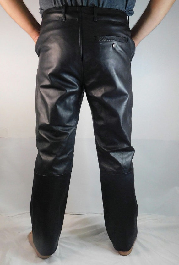 Men's Black Leather Trousers With Double Front Zippers | Angled