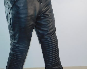 Men's Black Leather Biker Joggers | Ribbed Moto Track Pants with Elastic Waistband and Cuffs