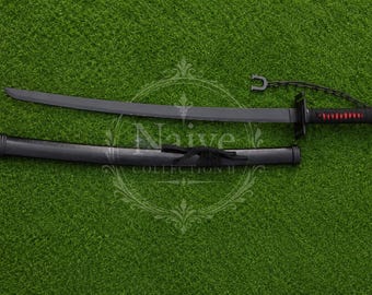 Handmade Black Tensa Zangetsu Katana - Ichigo Kurosaki Bankai Replica - High Carbon Steel Anime Sword with Manji Guard