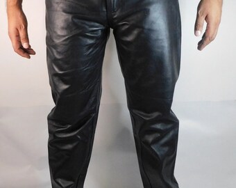 Men's Smooth Black Leather Pants | Classic Straight-Leg Trousers with Zip Fly
