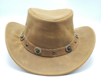 Genuine Leather Cowboy Hat | Distressed Brown Western Outback Hat | Concho Studded Band | Water Resistant Safari Style Hat