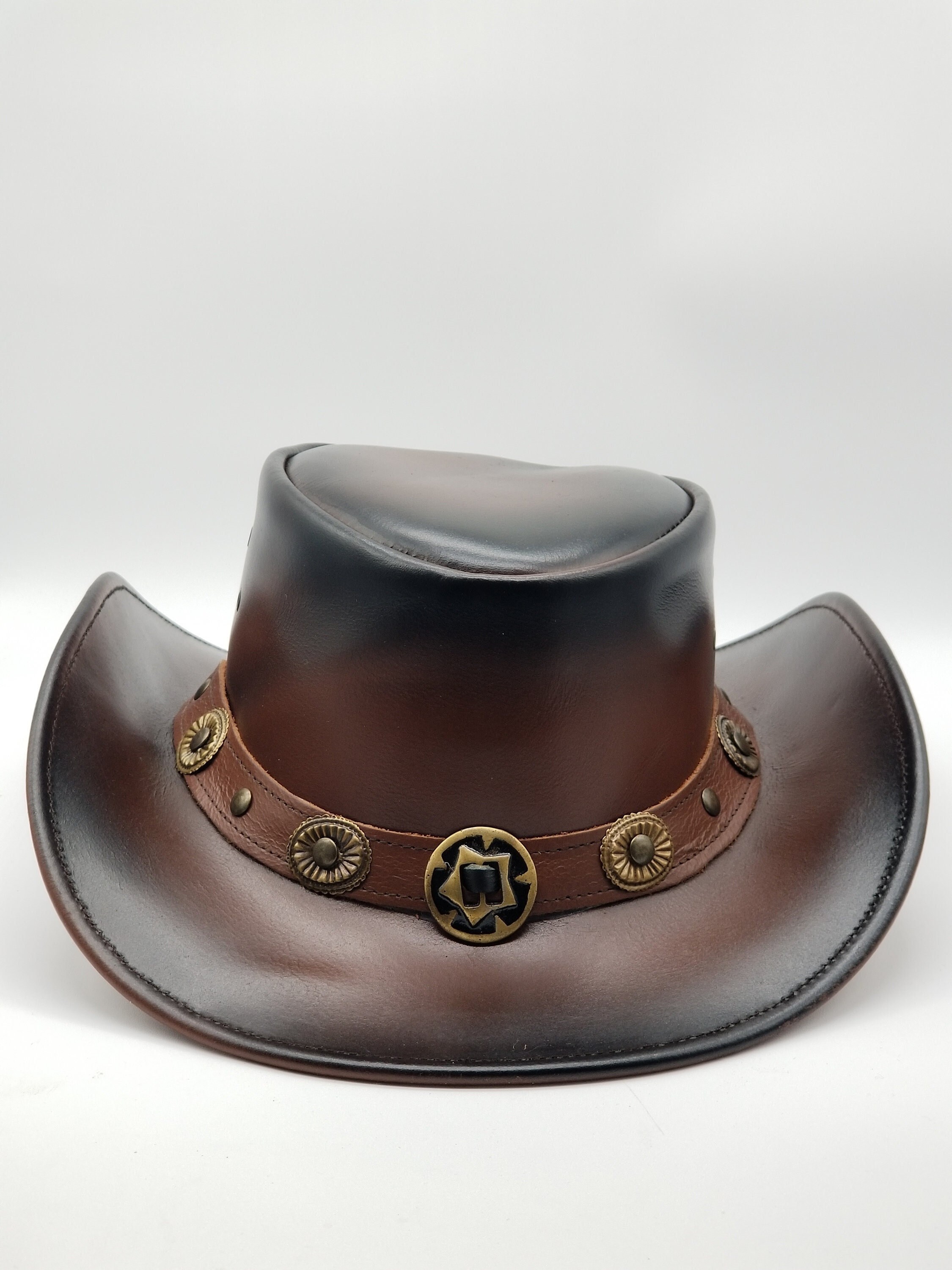 Shadow Brown Distressed Leather Hat - Star Concho and 