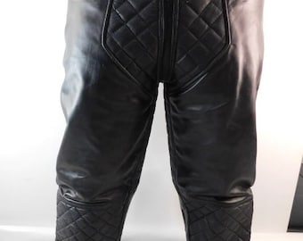 Men's Black Quilted Leather Trousers | Diamond Stitch Moto Biker Pants with Zip Pockets