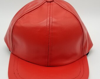 Bright Red Leather Baseball Cap | Genuine Leather 6-Panel Dad Hat | Streetwear Headwear