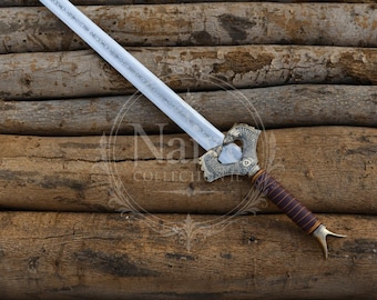 Handmade Fantasy Hero Sword Replica - Detailed Gold Hilt and Runed Blade - Collector Display Item