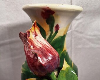 Vintage Applied Rose Flower with Applied Leaf - Hand painted Flowers and Leaves, Stem Vase Bud Vase