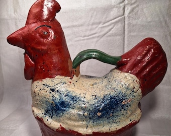 Vintage Terracotta Clay Sculptured Sculpture Mexican Folk Art Rooster with handle Hand painted Red, Blue, White and Green - Farmhouse