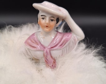 Antique Vintage Art Deco Victorian Powder Puff Ceramic Female Lady Holding Hat Half Powder Puff Half Figural Woman Rare Unique