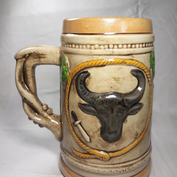 Vintage Texas PlautCo Japan 20 oz Beer Stein Mug Handled/Handle Hand painted Texas Themed Cowboy/Horse/Longhorn State of Texas TX