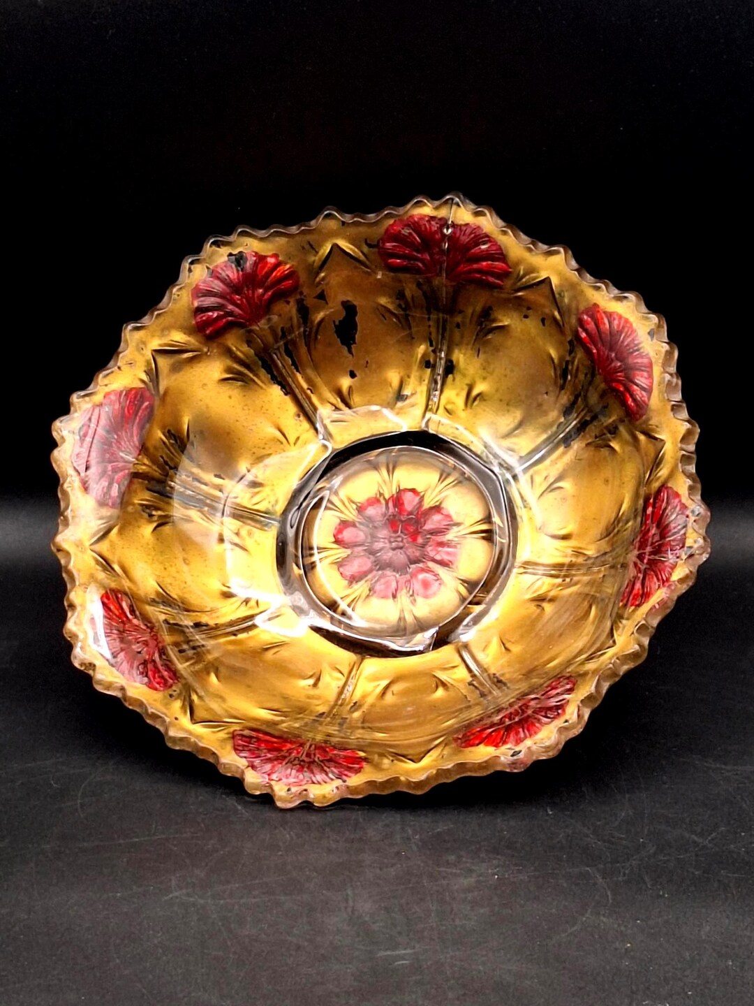 Antique Goofus Glass Bowl Red Carnations and Gold Paint Sawtooth Edge