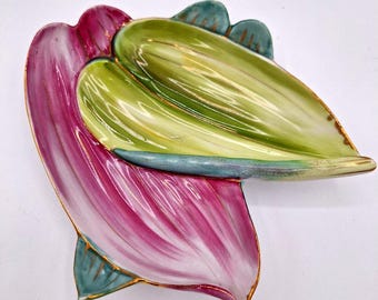 Vintage Ucagco Hand Painted Floral Trinket Dish: Gold Trim Japan China