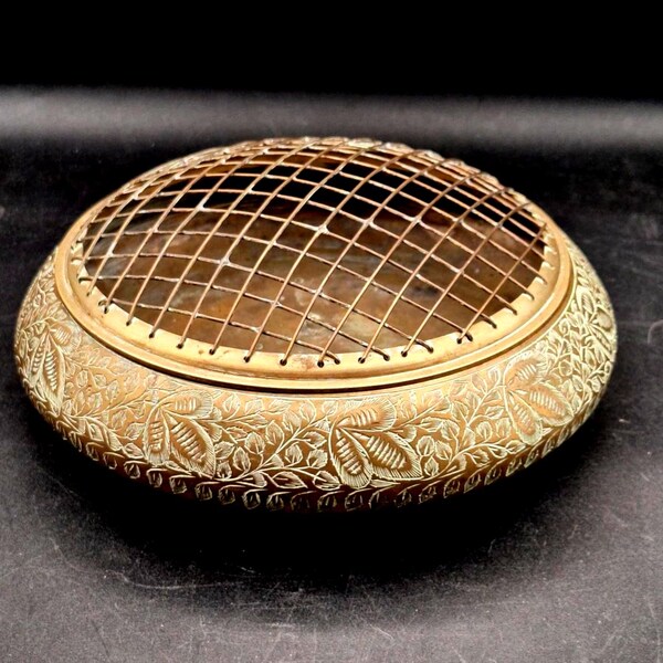 Vintage Solid Brass Flower Frog Bowl with Floral Engraving