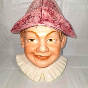 Antique Figural Pottery Ceramic Humidor Tobacco Jar with Lid &quot;The Jester&quot; with Dunce Hat made in Austria Pipe Tobacco Jar