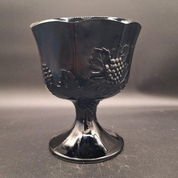 Vintage Black Indiana Glass Harvest Grape Footed Pedestal Vase Planter Black Glass Grape Leaves Raised