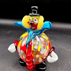Vintage Whimsical Handblown Glass Clown with Round Belly and Top Hat Multi-Colored