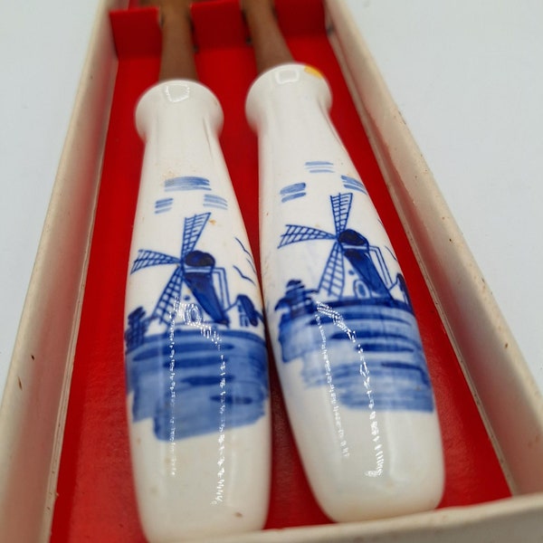 Vintage Boxed Souvenir from Holland Salad Server Set Wood and Ceramic Dutch Windmill Themed