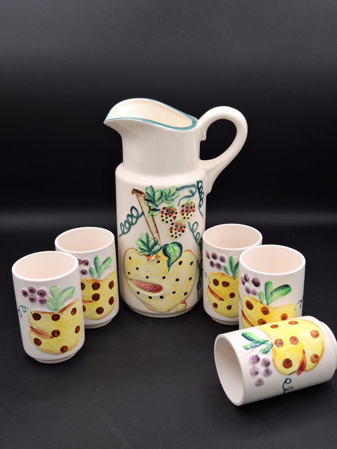 Vintage Hand-painted Ceramic Pitcher Set: Fruit Design, Made in Japan ...