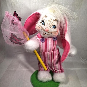 Annalee Pink Bunny Rabbit: Striped Overalls, Purple Butterflies