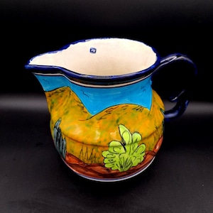 Vintage Hand-Painted Mexican Pottery Pitcher: Texas Western Scenic Decor