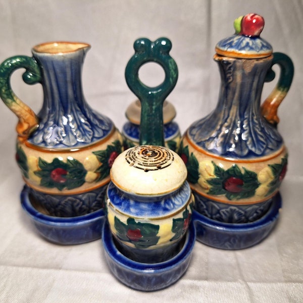 Vintage Hand painted Ceramic Salt & Pepper Oil and Vinegar Condiment Caddy Holder Set 6 Pieces Blue Green Red and Brown Tones Made in Japan.