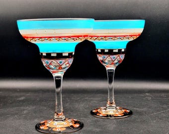 Unique Signed Hand painted Moroccan Mosaic Carnival Margarita Glasses Set of 2