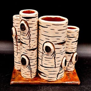 Hand Carved Aspen Bark Pottery Vase - Signed Guido - 4 Tube Organizer