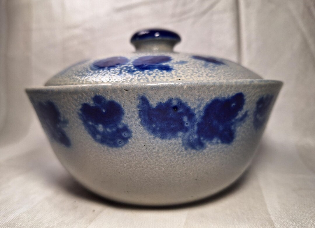 Vintage Blue Salt Glaze Glazed Pottery Covered Lidded Bowl Etsy