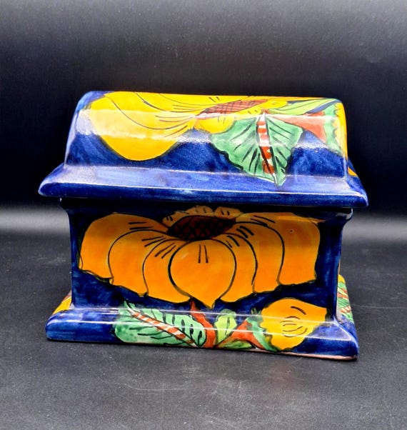 Vintage Talavera Floral Chest Box Catch-All Container Pottery Sunflower Design Signed T Ruth