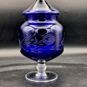 Vintage Cobalt Blue Glass Apothecary Jar with Lid Etched Floral Design Footed Unique Rounded Square Shape