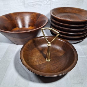 Vintage MCM Vermillion Real Walnut Brass Handle Candy Nut Snack Bowl with Salad Bowl Serving Set 8-piece set Wood Wooden Set