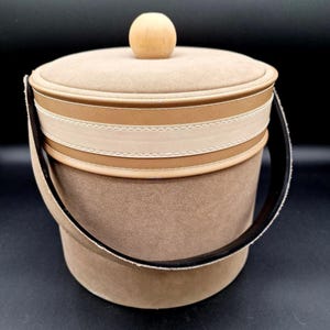 Vintage MCM Taupe Ice Bucket: Suede-Like Vinyl Trim, Wooden Knob Lid