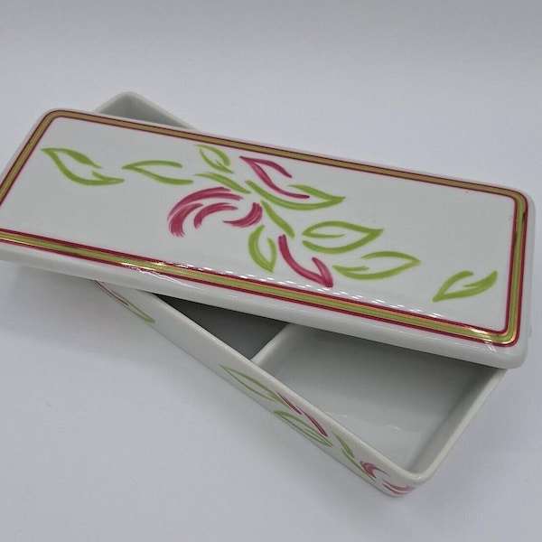 Vintage 1980's Porcelain Parfum Privilege Divided 3 Sectioned Trinket Keepsake Box with Lid Lidded Green Pink and Gold