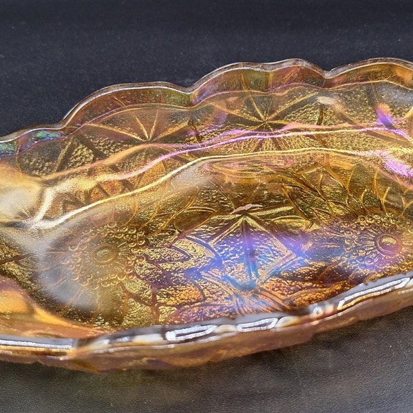 Marigold Indiana Carnival Glass Lily Pons Oblong Iridescent Relish Celery Serving Dish Tray Sunflower Design Pickle Candy Amber Open Handled