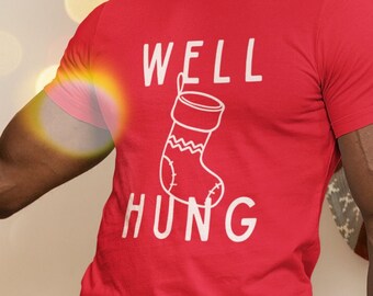WELL HUNG Funny Christmas Stocking Tee Shirt