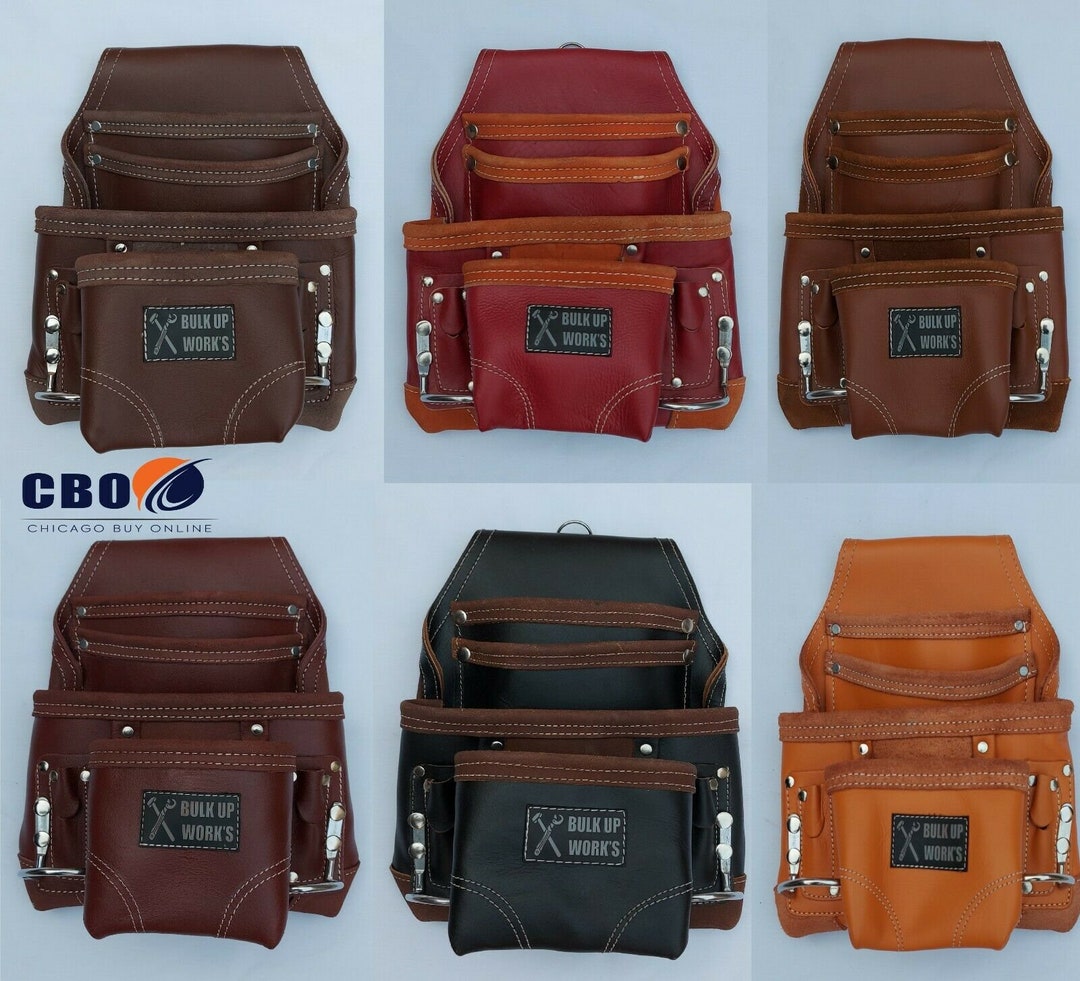 Full Grain Leather Tool Pouch, Carpenter Pouch, Nail Pouch, 8 Pockets