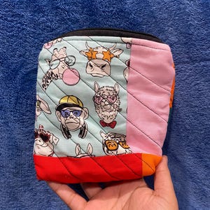 Handmade Patchwork Makeup Pouch – Unique Sewn Cosmetic Bag, Boho Travel Accessory, Gift for Her, Colorful silly animals patchwork pouch
