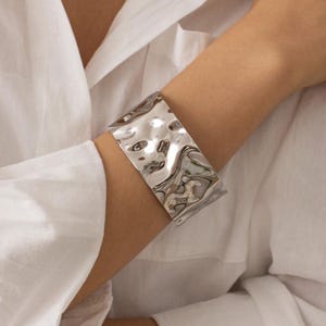 Hammered Gold Wide Cuff Bracelet, Minimalist Silver Open Bangle, Chunky Wavy Statement Jewelry