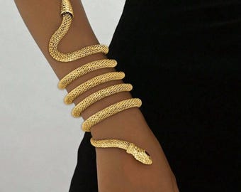 Egyptian Gold Snake Cuff Coiled Serpent Armlet Medusa Cleopatra Goddess Upper Wrap Metallic Jewelry