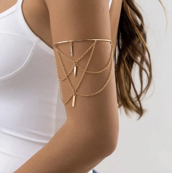 Layered Chain Upper Arm Cuff Bracelet, Festival Tassel Armlet, Adjustable Silver Bicep Bracelet, Summer Party Jewelry for Women