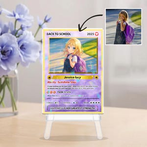 Cartão de volta às aulas com foto personalizada, presente personalizado para estudantes em estilo anime, cartão de primeiro dia de aula, cartão personalizado para crianças, presente para meninos e meninas
