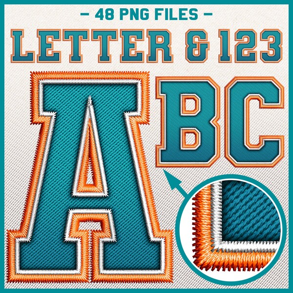 Faux Embroidery PNG Alphabet, Miami Varsity Style Alphabet set, Football Letters, Aqua, Blue and Orange Alphabet, Digital Download