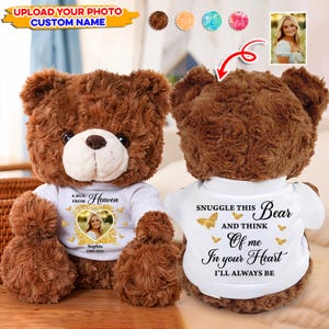 Benutzerdefinierte Teddybär mit Foto, Eine Umarmung vom Himmel Teddy, personalisiertes Erinnerungsgeschenk, Verlust des geliebten Menschen, Sympathie-Trauergeschenk