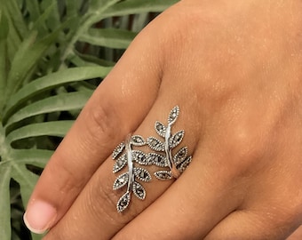 Sterling Silver Leaf Ring – Marcasite Stones, Nature Gift for Her