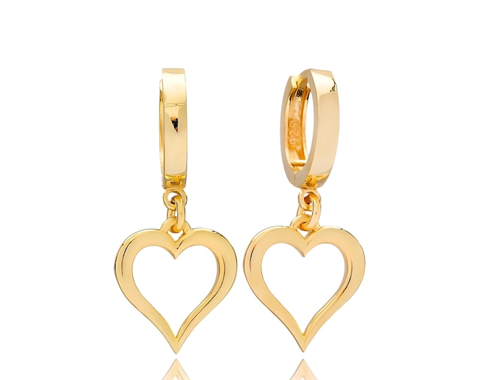 Featured listing image: Gold Heart Dangle Earrings – Solid 925 Sterling Silver (not plated), Minimalist Gift for Her, 16k gold finish.