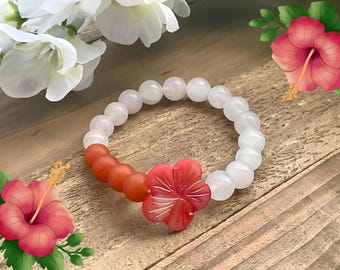 Orange Hibiscus Shell Gemstone Bracelet – Boho Jewelry with Orange Aventurine & White Jade | Handmade Gift for Her