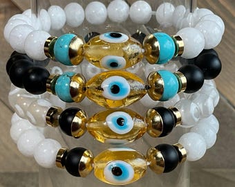 Yellow Eye Bracelet – 4 Styles with Turquoise, Onyx, Porcelain & Dzi Agate