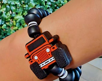 Monster Truck Bracelet, Silicone Bracelet Blue or Red, Black Abacus Beads, Gift Idea.
